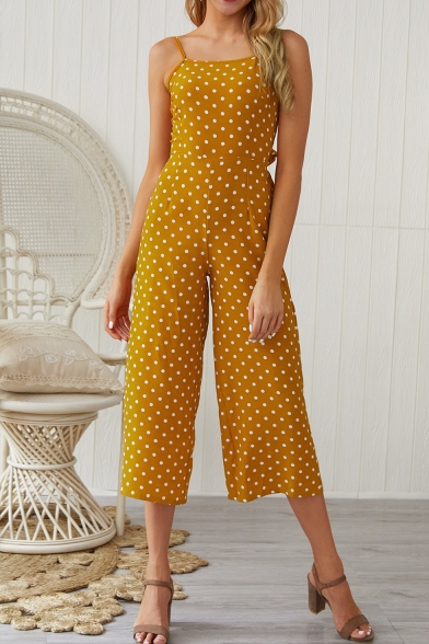 Women's Summer New Polka Dot Printed Bow Back Sleeveless Wide Legs Jumpsuits