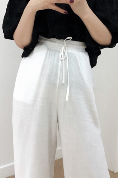Women's Summer Ultra Thin Drawstring Waist Solid Color White Wide-Leg Pants