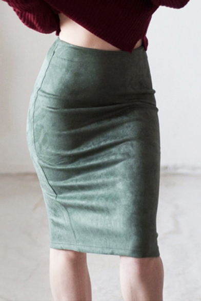 Women's Trendy Solid Color Slit Back High Rise Midi Bodycon Suede Skirt