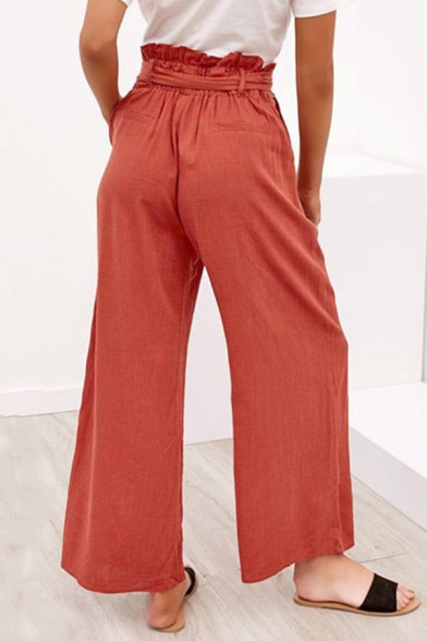 Womens Casual Loose Solid Color Tied Waist Wide Leg Cropped Paperbag Culotte Pants