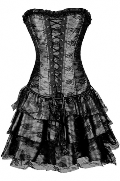 Womens Gothic Steampunk Vintage Ruffled Hem Lace-Up Corset Three-Piece Mini A-Line Bandeau Dress
