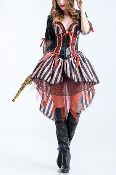 Womens Halloween Pirate Cosplay Costume Bow Tied Corset High Low Swing Dress