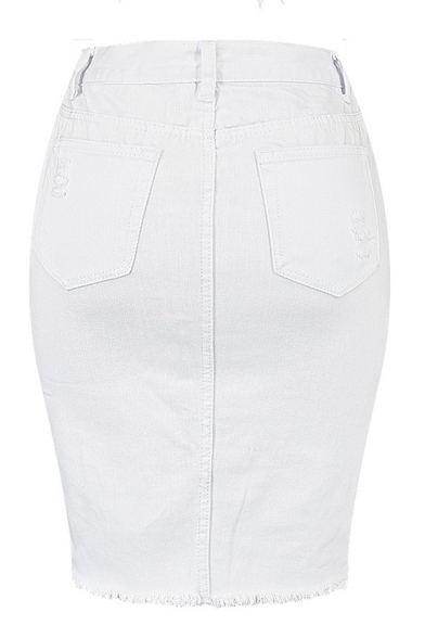 Womens High Rise Distressed Ripped Knee Length Slit Front White Bodycon Denim Skirt