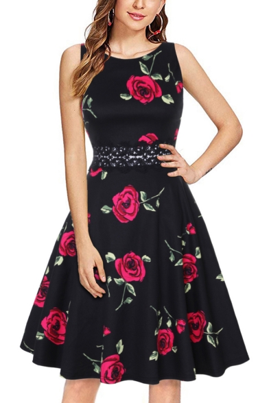 Womens Hot Fashion Round Neck Sleeveless Lace-Panel Waist Floral Print Midi Swing Dress