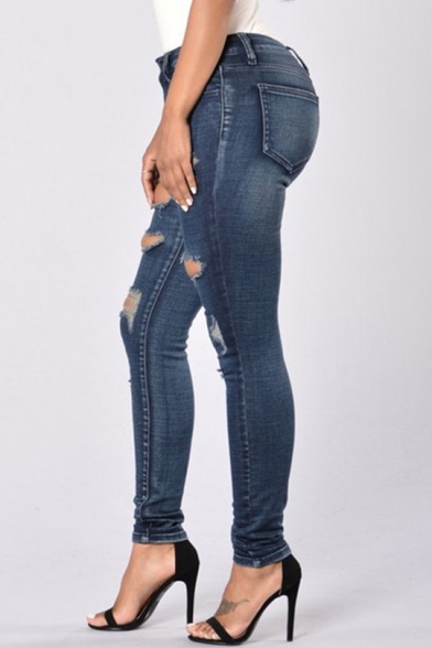 Womens New Trendy Dark Blue Distressed Cutout Ripped Skinny Fit Jeans