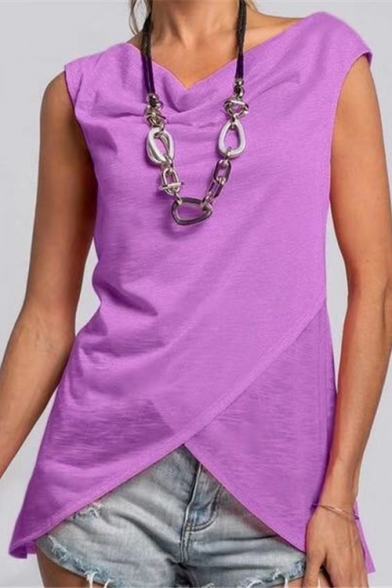 Womens Simple Solid Color Sleeveless Irregular T-Shirt Top