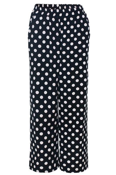 Womens Summer Classic Fashion Polka Dot Printed High Rise Splited Side Cropped Wide Leg Pants