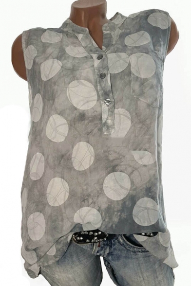 Womens Summer Trendy Polka Dot Printed Button V-Neck Sleeveless Tank Top