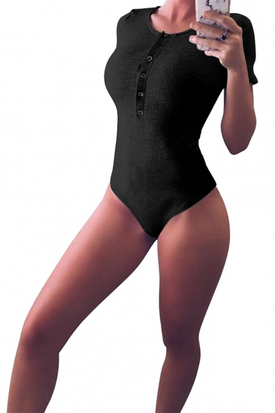 Womens V-Neck Short Sleeve Solid Color Slim Fit Bodysuit