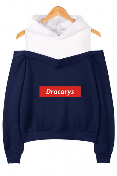 Basic Simple Letter DRACARYS Cold Shoulder Long Sleeve Relaxed Pullover Hoodie