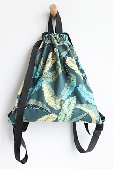 Canvas Leaves Printed Dark Green String Backpack