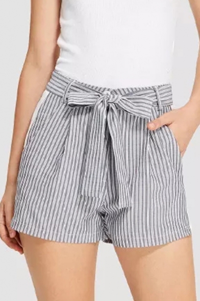 Classic Vertical Stripe Printed Bow-Tied Waist Casual Loose Shorts for Women