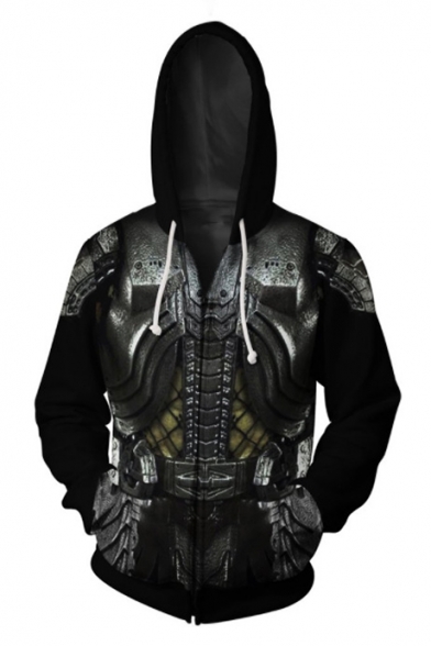Cool Predator Cosplay 3D Printing Long Sleeve Zip Up Black Drawstring Hoodie
