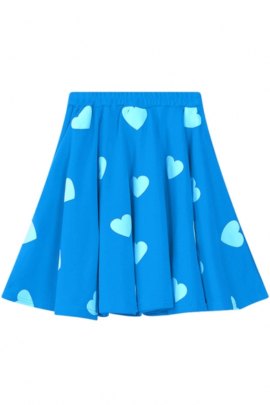Cute Allover Heart Pattern Elastic Waist A-Line Pleated Skirt