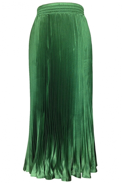 Designer Unique Fashion Metallic Color Elastic Waist Silk Satin Maxi Pleated Skirt