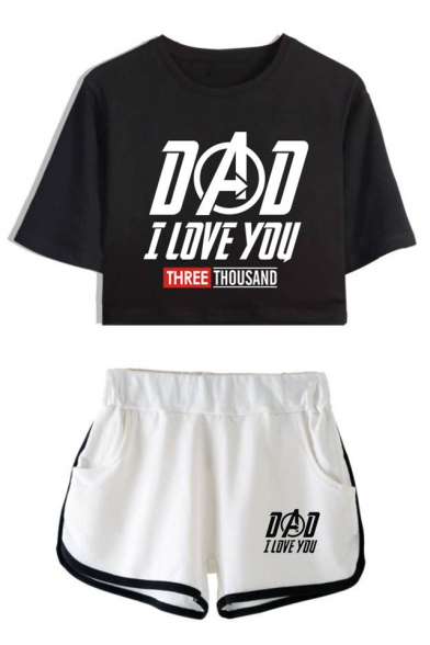 Fashion Letter DAD I LOVE YOU THREE THOUSAND Print Cropped Tee Casual Loose Shorts Summer Sport Two-Piece Set