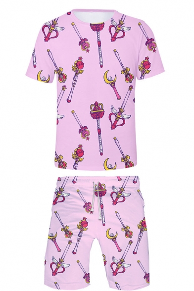 Fashion Sailor Moon Comic Magic Wand Printed Round Neck T-Shirt Casual Beach Shorts Pink Two-Piece Set