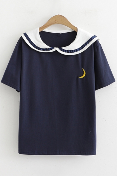 Girls Fashion Sailor Collar Cute Moon Embroidery Short Sleeve T-Shirt