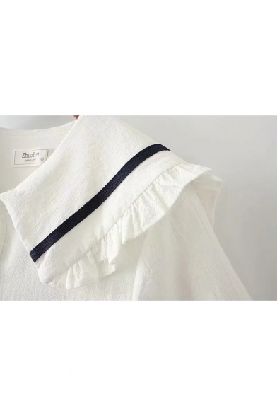 Girls Lovely Ruffled Sailor Collar Stripe Print Cotton A-Line Dress