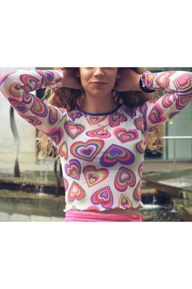 

Girls Summer Cute Allover Heart Printed Pink Long Sleeve Cropped Mesh T-Shirt, LM519274