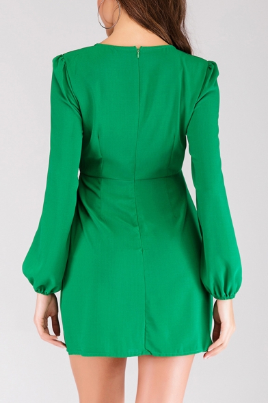 Hot Fashion Elegant Puffed Long Sleeve Round Neck Bow-Tied Waist Mini Green Dress