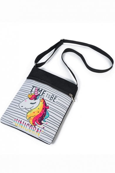 Hot Fashion Unicorn Stripe Letter Printed Black and White Canvas Shoulder Messenger Bag 22.5*27 CM