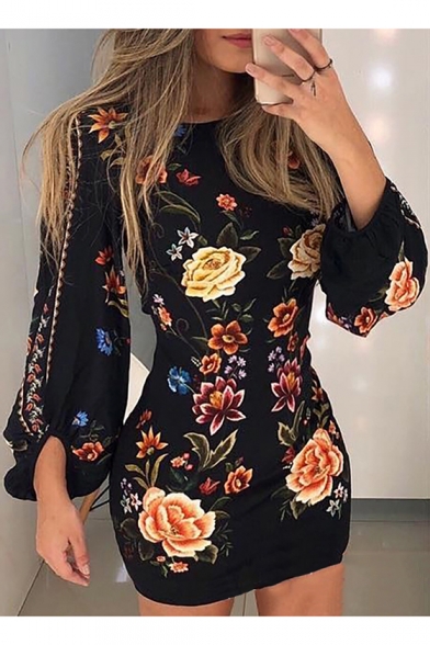 Floral Print Long Sleeve Round Neck Black Cut Out Back Mini Bodycon Dress