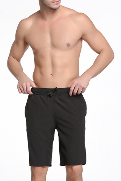 Mens Basic Simple Solid Color Drawstring Waist Quick Drying Swim Trunks