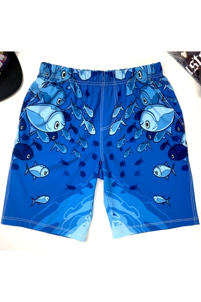 Mens Summer Blue Cartoon Fish Printed Beach Casual Loose Quick Dry Swim Shorts