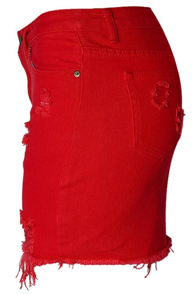 red distressed denim skirt