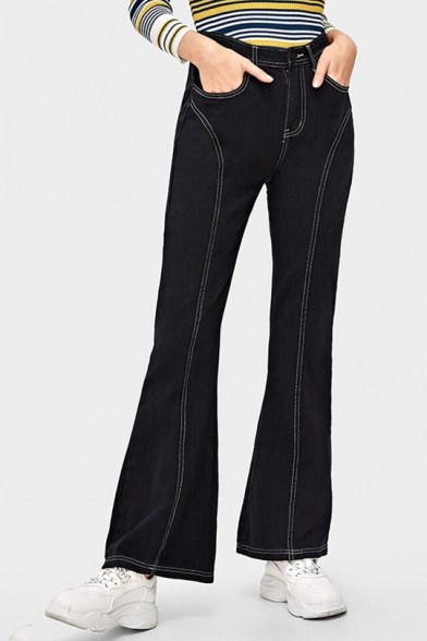 New Fashion Contrast Stitching Womens Black Flared Jeans
