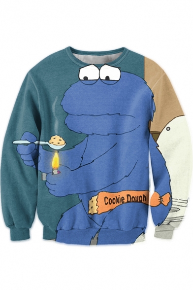 New Fashion Funny Comic Frog Printed Basic Long Sleeve Round Neck Blue Sweatshirt