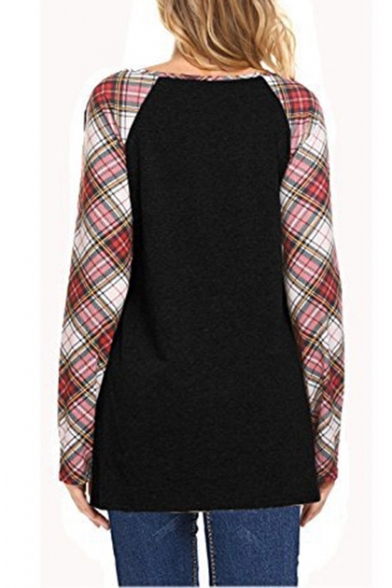 Contrast Round Neck Long Sleeve Plaid Button Detail T-Shirt for Women