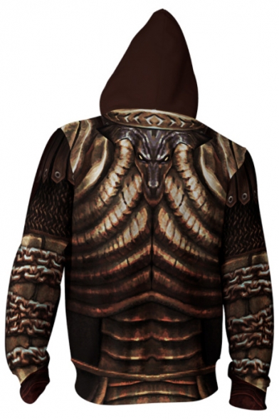 New Stylish Cool 3D Armour Wolf Head Printed Long Sleeve Brown Zip Up Hoodie