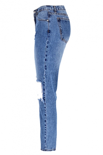 New Stylish Distressed Ripped Big Hole Knee Cropped Blue Straight Jeans for Women