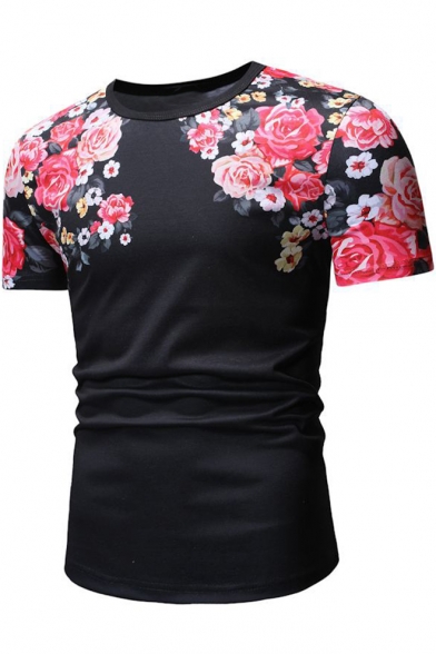 New Stylish Floral Printed Round Neck Short Sleeve T-Shirt For Men