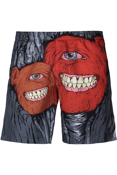 New Stylish Monster Printed Men's Holiday Beach Grey Swim Trunks with Lining