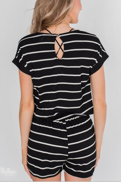 New Trendy Black Striped Printed Round Neck Short Sleeve Drawstring Waist Casual Romper