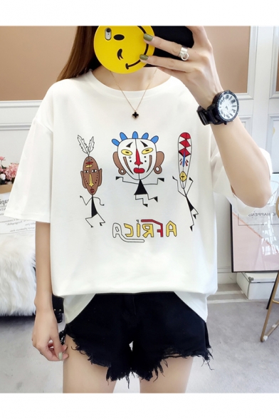 New Trendy Funny Cartoon Printed Round Neck Short Sleeve Tee For Girls