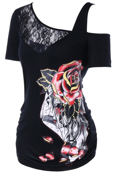New Trendy Rose Floral Print Lace-Panel Cold Shoulder Slim Fit T-Shirt for Women