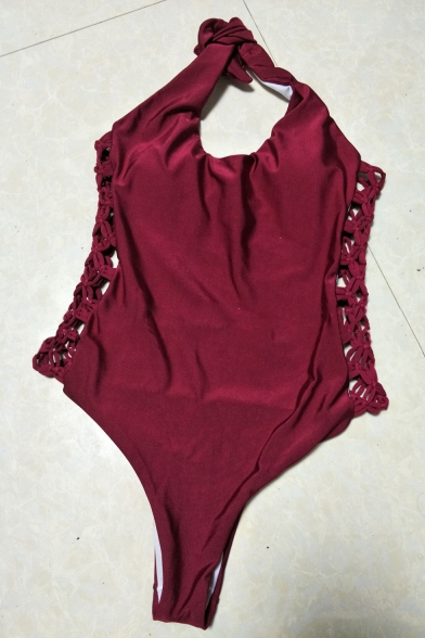 Popular Simple Plain Halter Neck Backless Hollow Out Lace-Up Side High Leg Womens One Piece Swimsuit in Burgundy