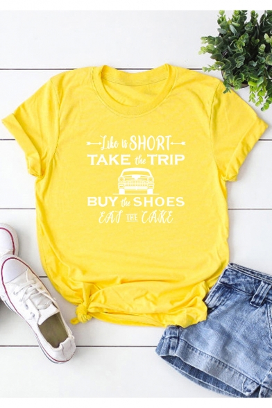 Street Style Car Letter TAKE THE TRIP Print Short Sleeve Cotton Graphic Tee