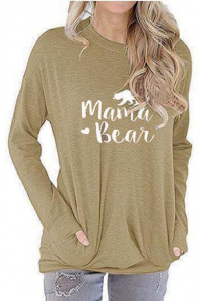 Stylish Letter MAMA BEAR Printed Long Sleeve Round Neck Casual T-Shirt with Pocket