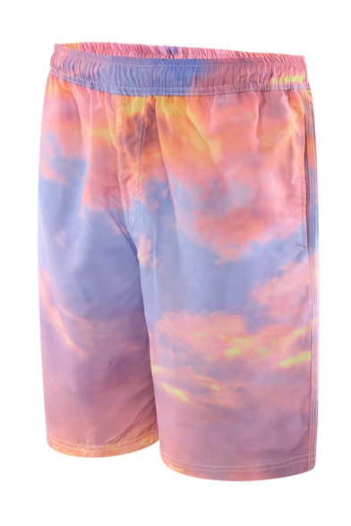 Stylish Pink Cloud Printed Guys Elastic Waist Loose Fit Beach Swimwear Swim Trunks with Lining