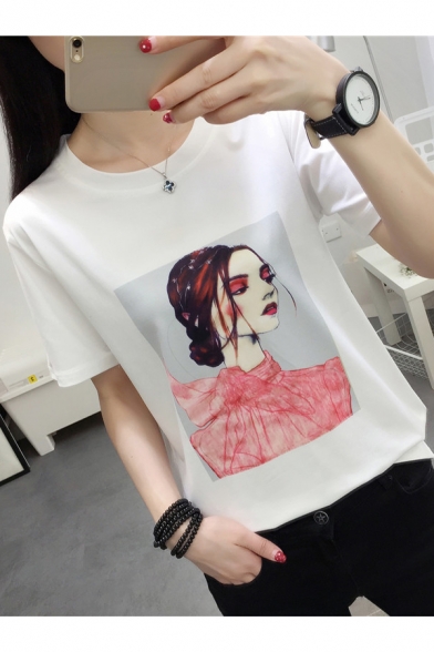 Summer Cartoon Girl Printed Basic Short Sleeve Casual White T-Shirt