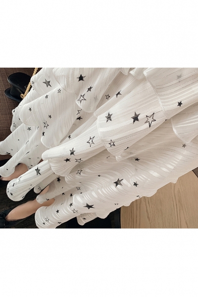 Summer Chic Allover Star Printed V-Neck Layered Ruffle Midi A-Line Dress
