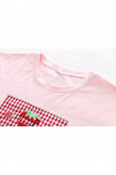 Summer Cute Strawberry Embroidery Bow-Tied Side Loose Relaxed T-Shirt for Girls
