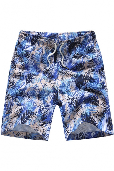 Summer Fashion Tropical Plants Printed Drawstring Waist Quick Dry Men's Casual Beach Swim Shorts