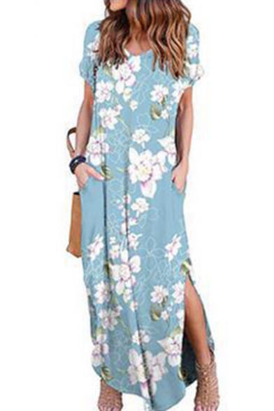 Summer Light Blue Floral Print V-Neck Short Sleeve Maxi Casual Shift Beach Dress