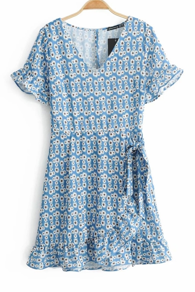 Summer Light Blue Floral Printed V-Neck Short Sleeve Holiday Mini Dress